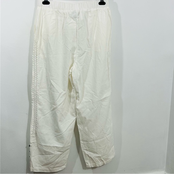 Noracora NEW White Cotton Wide Leg Pants Elastic Tie Waist Cut Out Stitch Sides - Picture 5 of 11